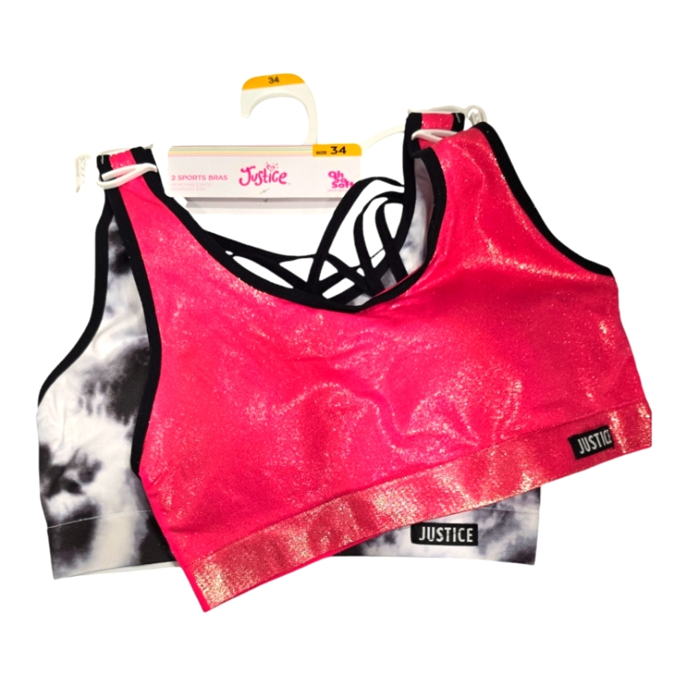 Justice 2 pack sports bras for little girls, size 34 and 36 available